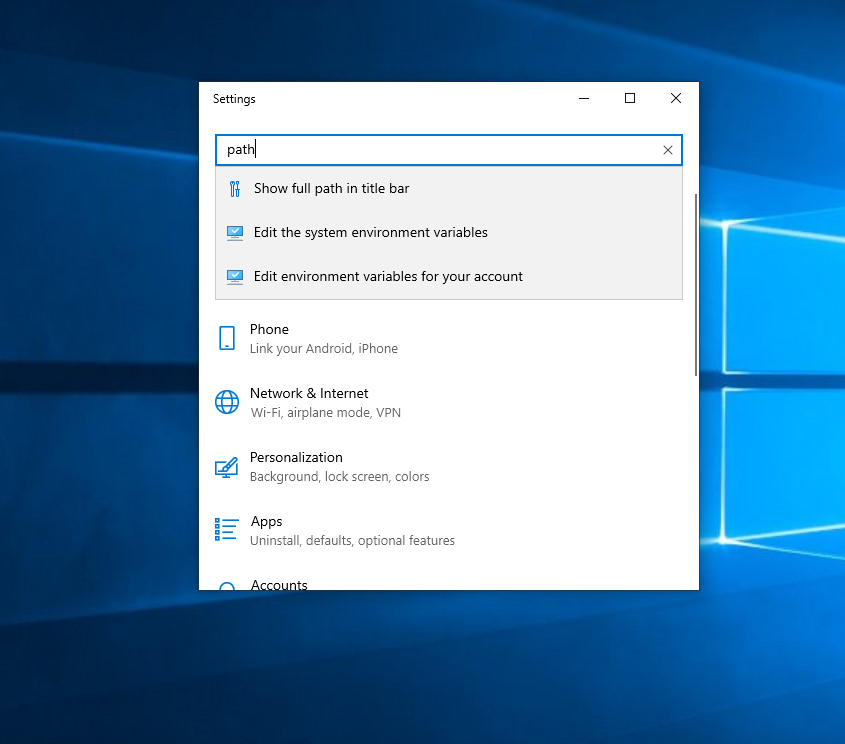 Windows settings dialogue